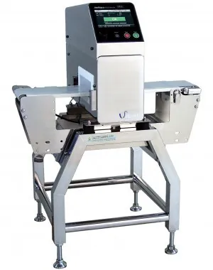 Metal detector machine with conveyor aperture on a stainless stand