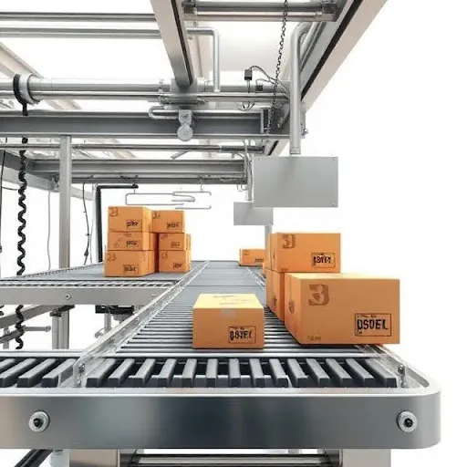 Cartons moving on a roller packaging conveyor