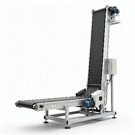 Inclined belt conveyor lifting product to an upper level